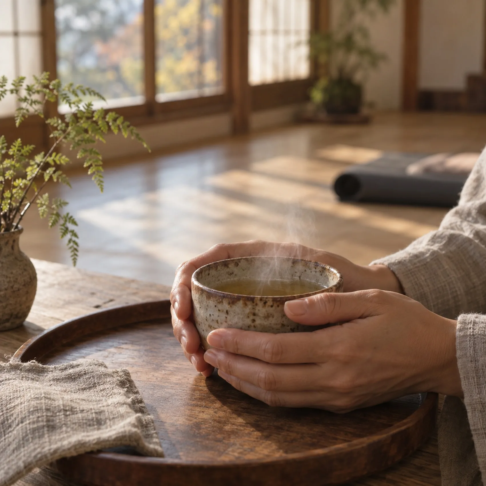 朝の光の中、土ものの湯のみでほうじ茶を持つ両手（写真は見本）