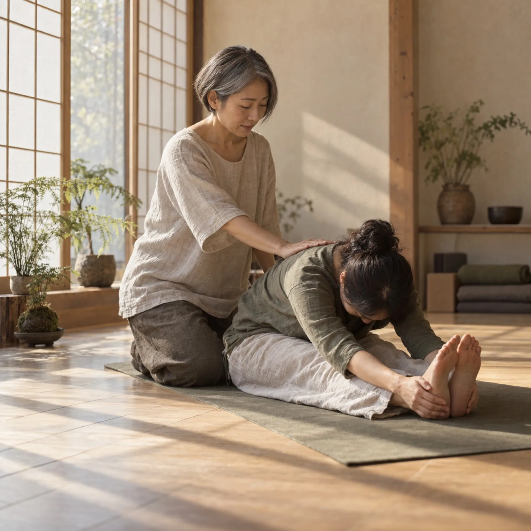 前屈する生徒の背中に、講師がそっと手のひらを置いている（写真は見本）
