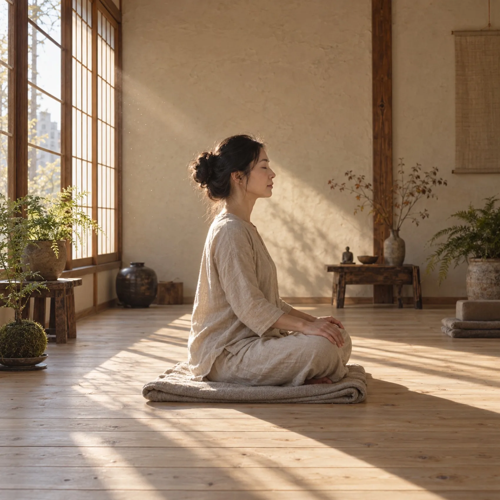 朝の光の中で、毛布に座って目を閉じ、ゆっくり呼吸する女性の横顔（写真は見本）