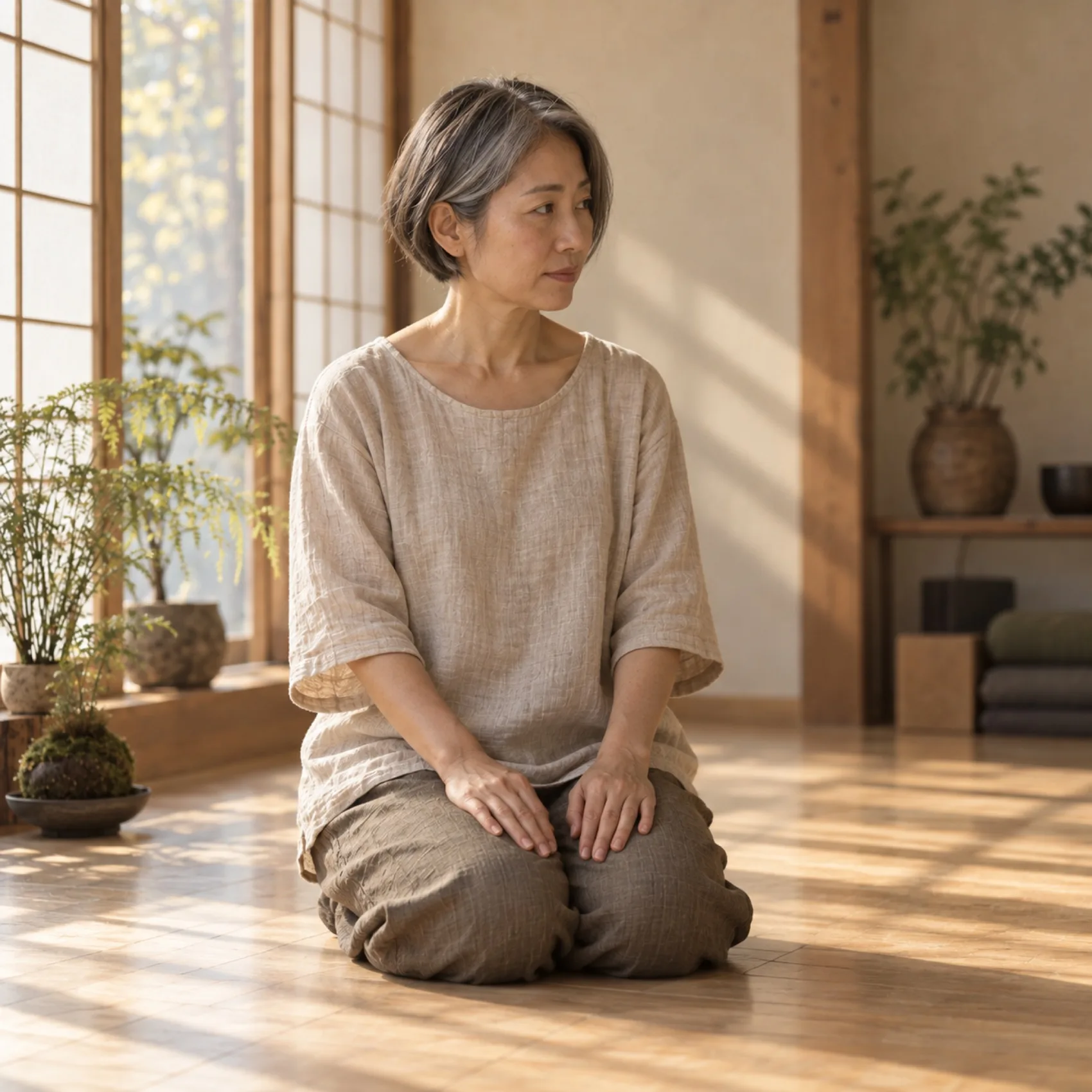窓辺で正座し、横を見ている講師の森川 朋子（写真は見本）